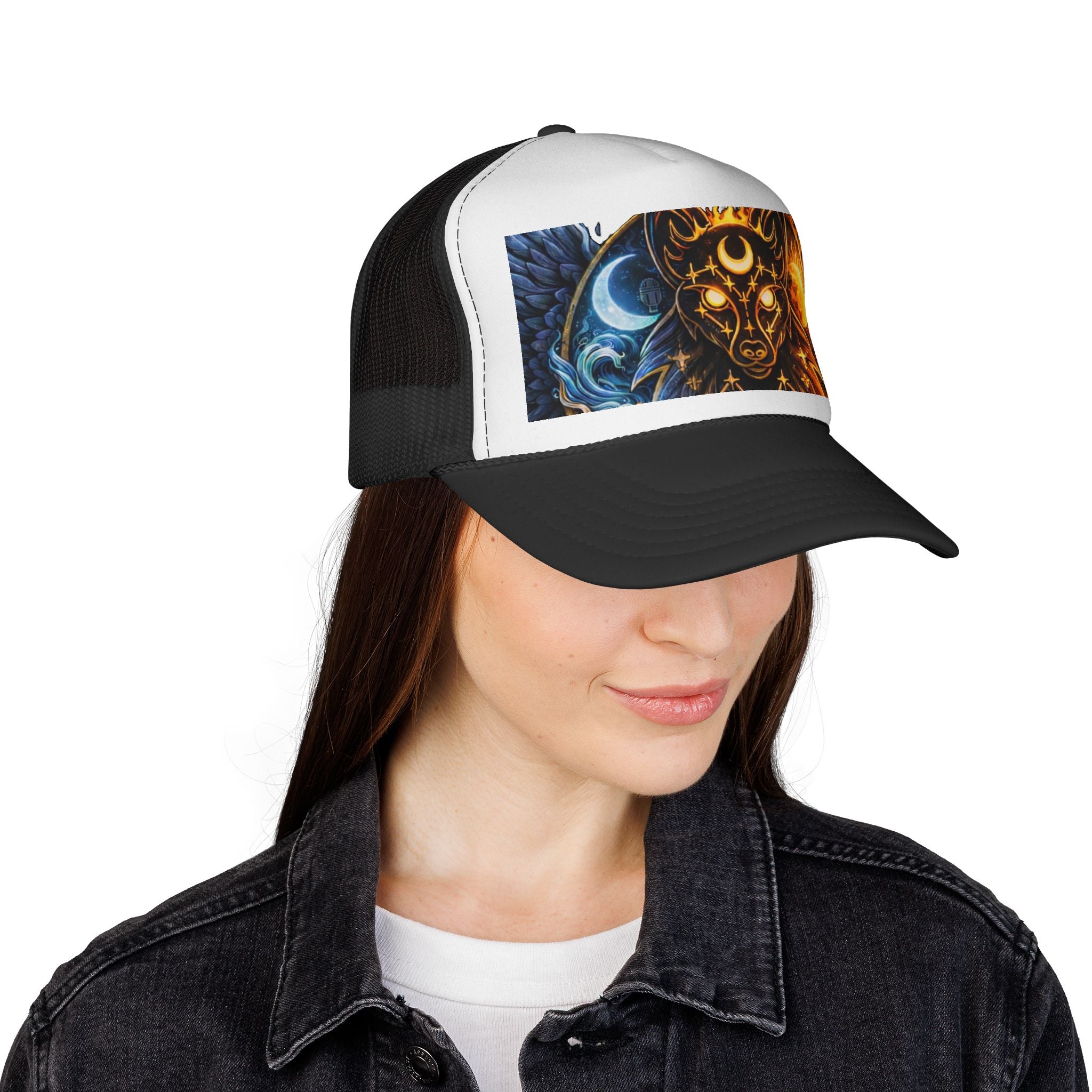 Celestial Wolf Trucker Cap — Sun & Moon Mystic Graphic